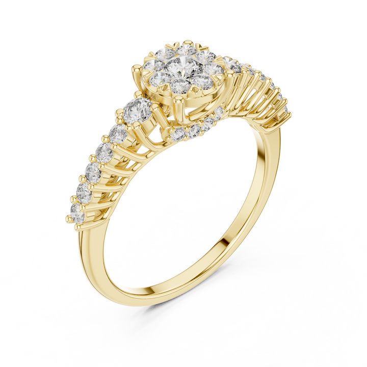 Round Cut Diamond Floral Halo Side Stone Ring