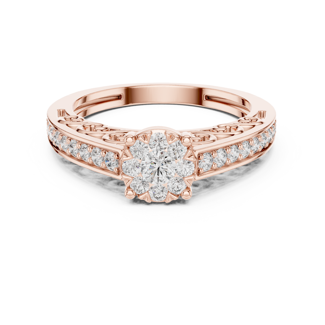 Round Cut Diamond Floral Halo Side Stone Ring