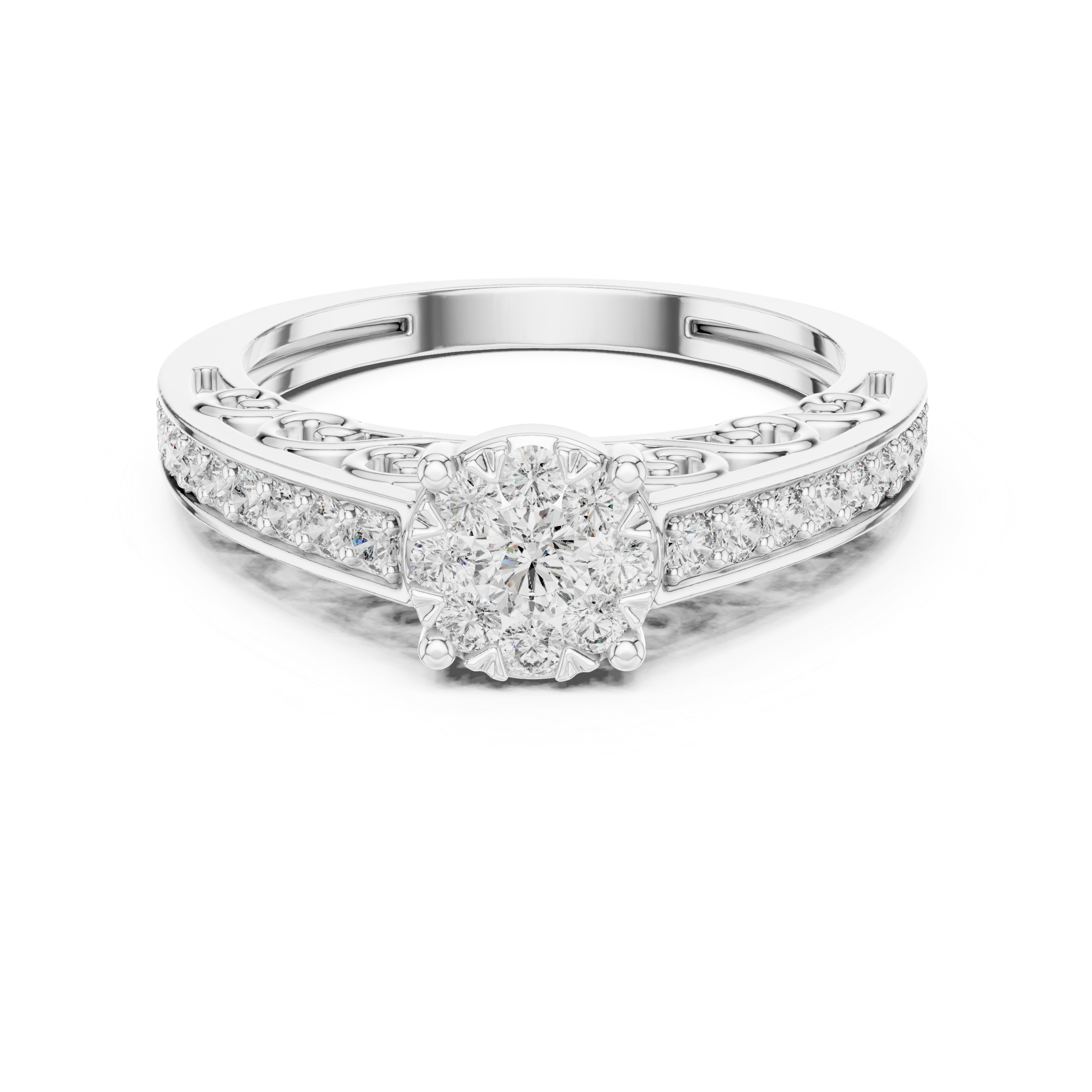 Round Cut Diamond Floral Halo Side Stone Ring