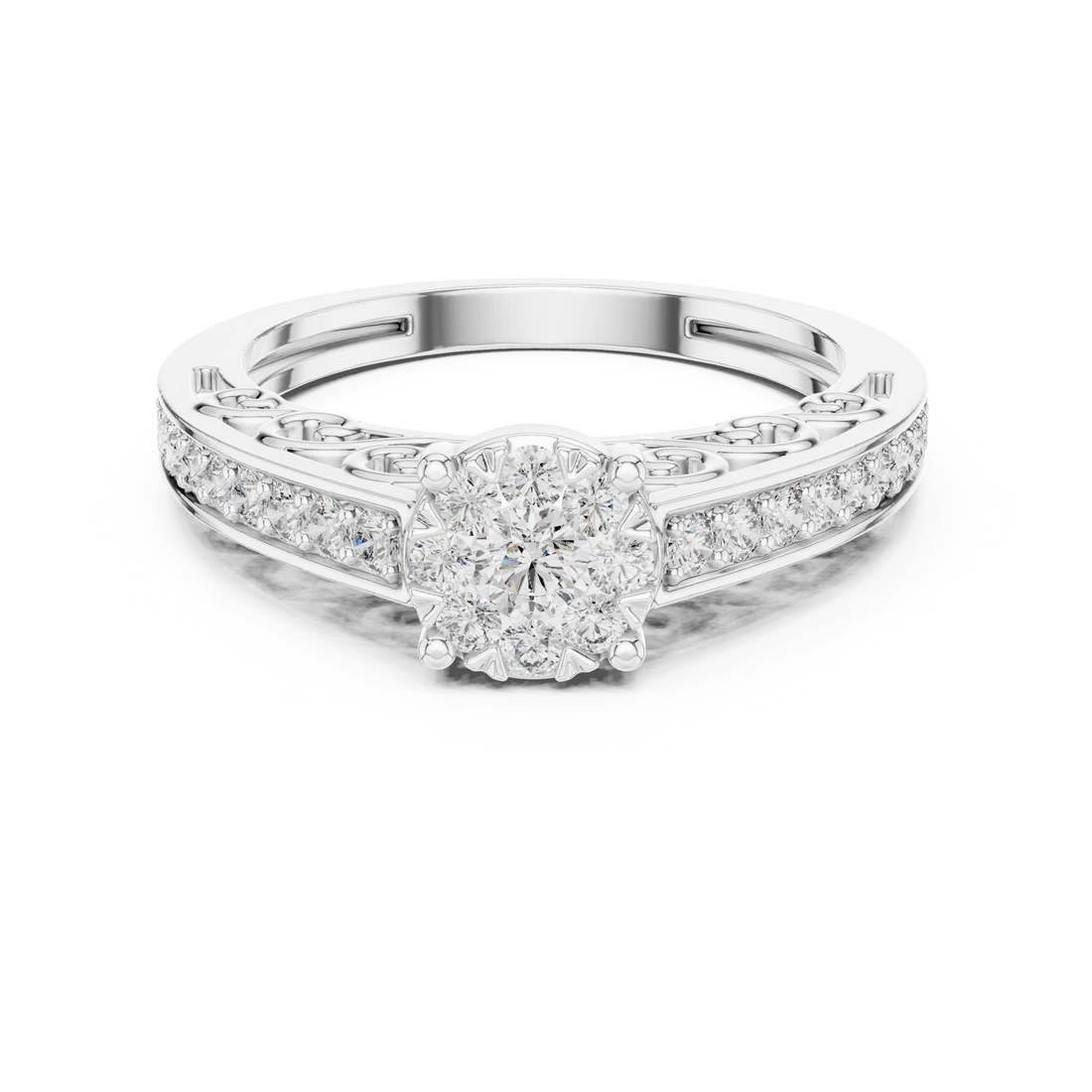 Round Cut Diamond Floral Halo Side Stone Ring