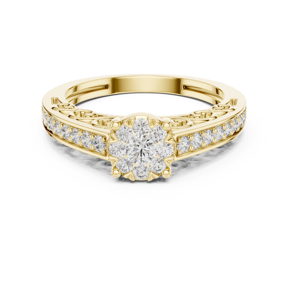 Round Cut Diamond Floral Halo Side Stone Ring