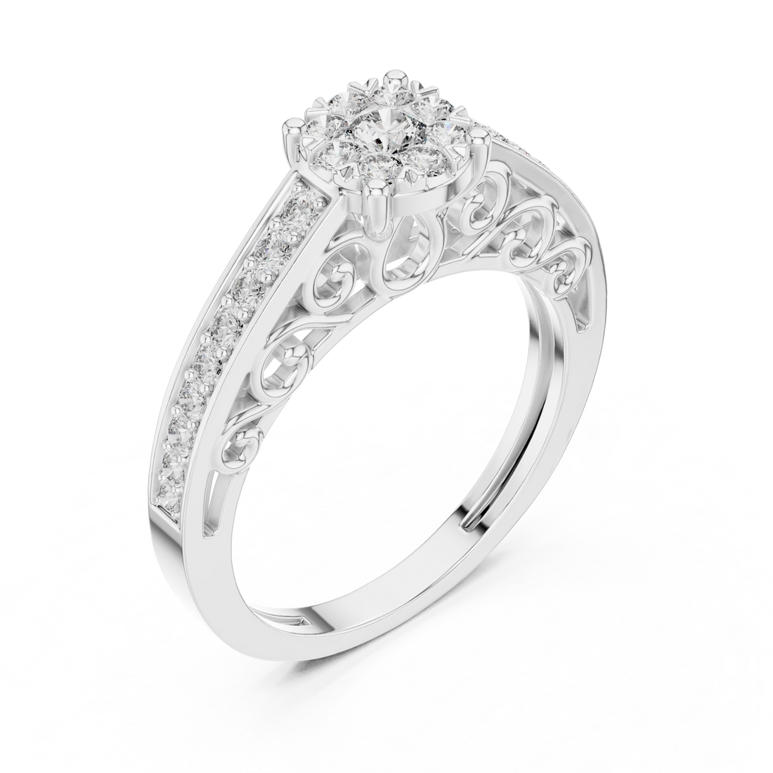 Round Cut Diamond Floral Halo Side Stone Ring