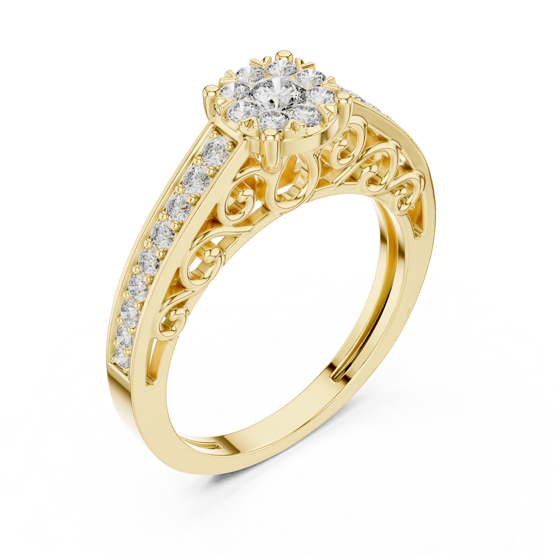 Round Cut Diamond Floral Halo Side Stone Ring