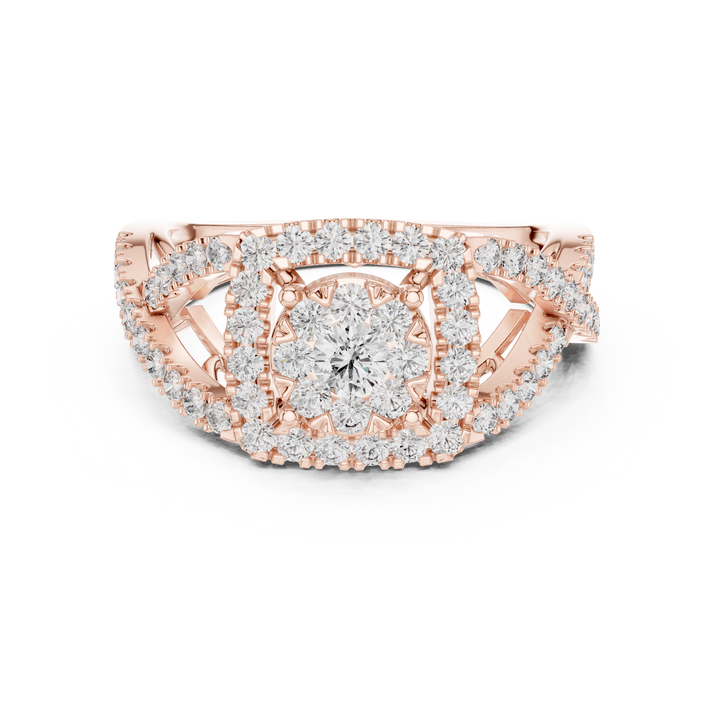 Round Cut Diamond Floral Halo Split Shank Ring