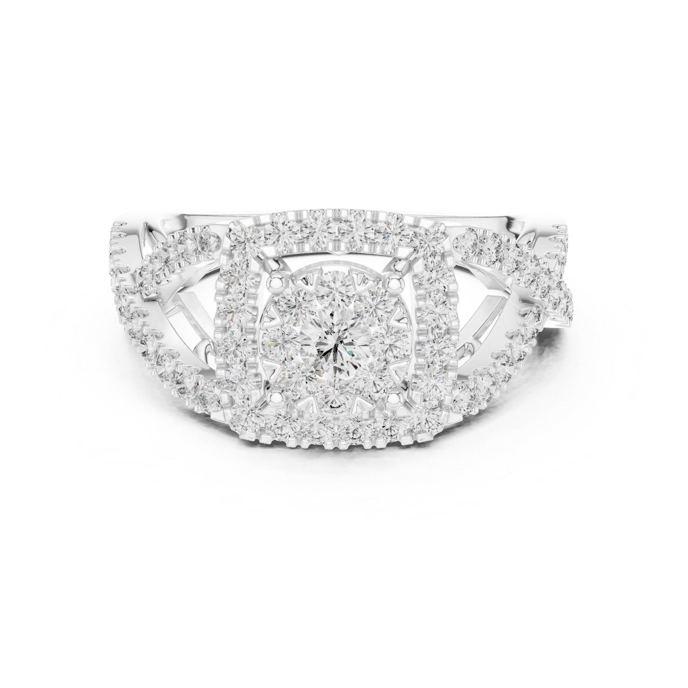 Round Cut Diamond Halo Cluster Ring with Split Shank Design