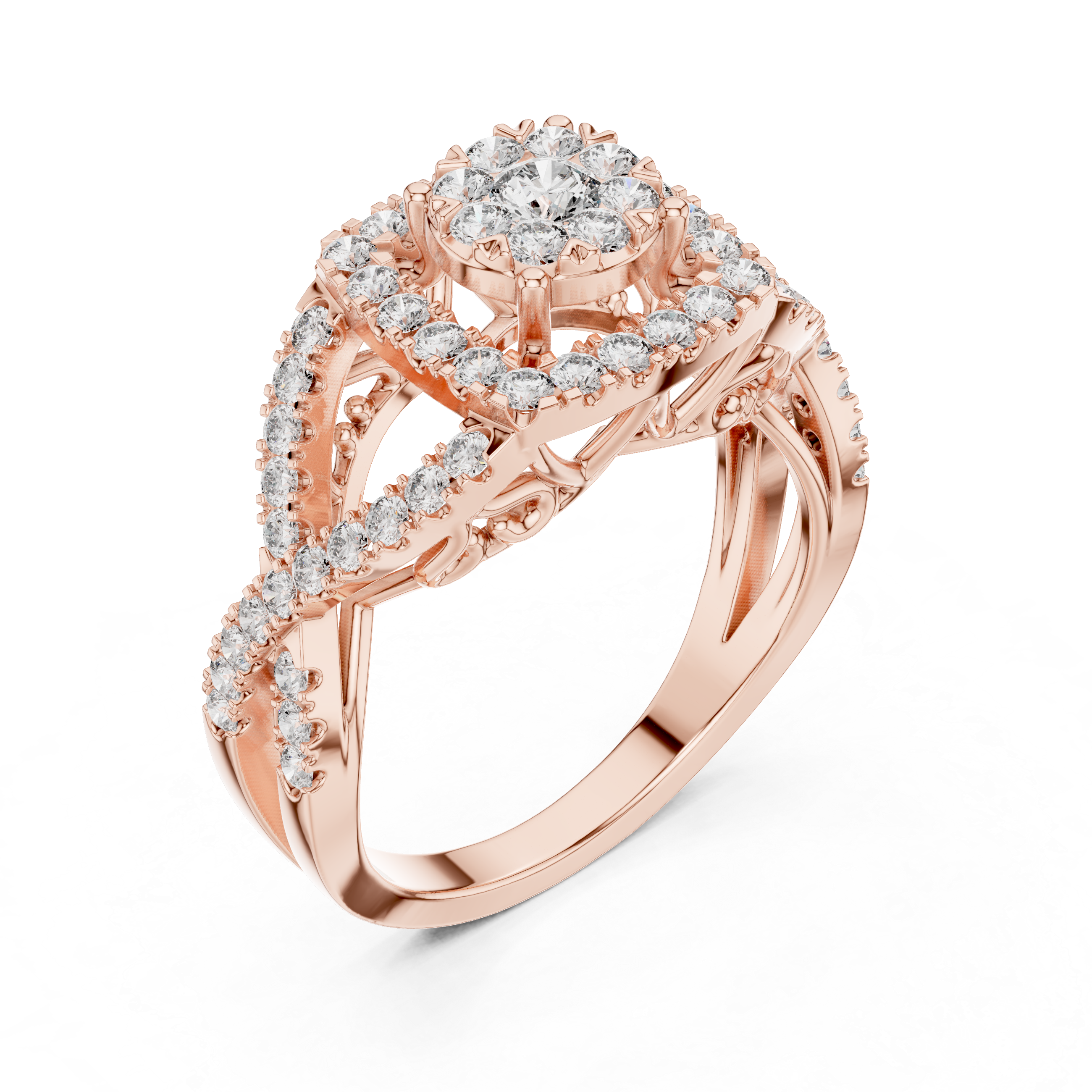 Round Cut Diamond Halo Cluster Ring with Split Shank Design