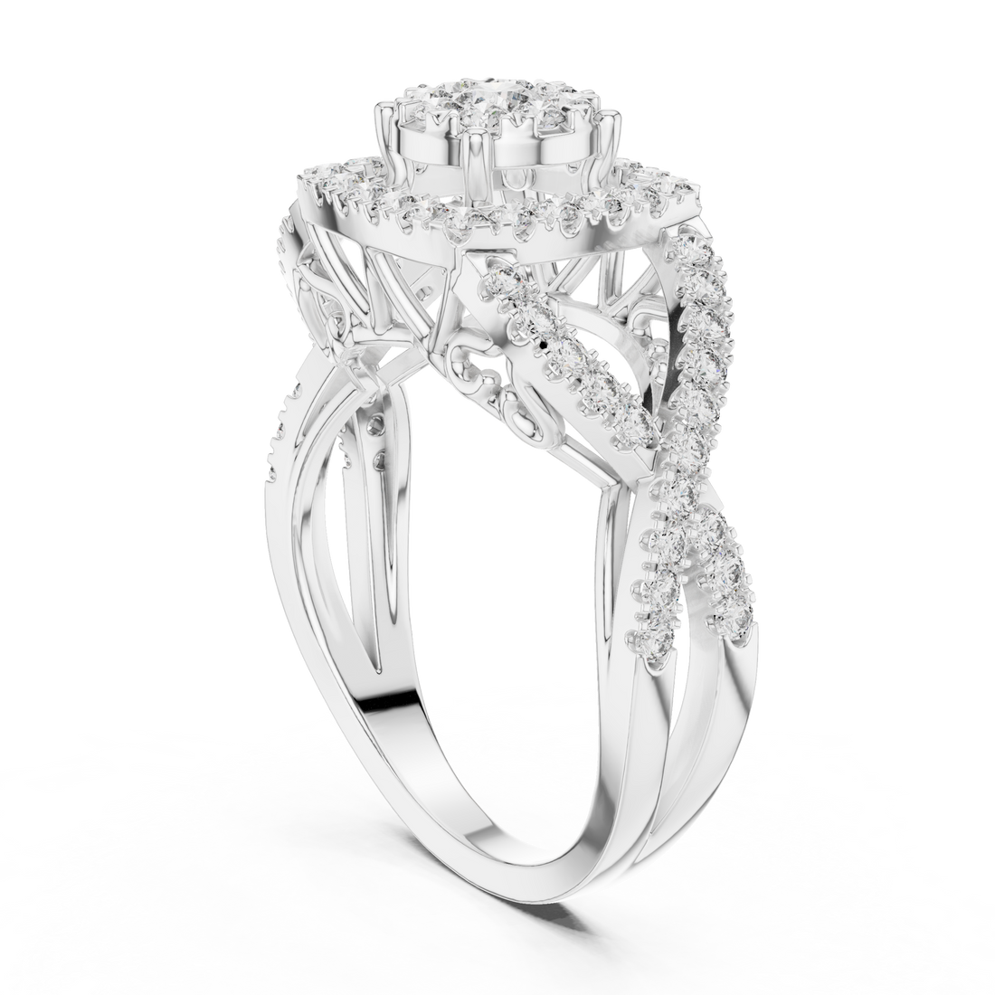 Round Cut Diamond Halo Cluster Ring with Split Shank Design