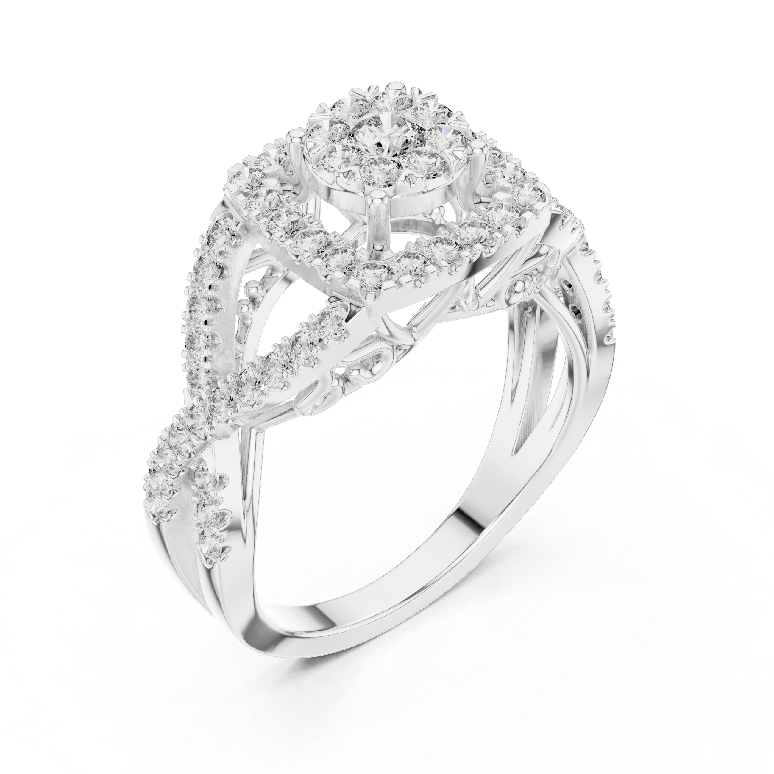 Round Cut Diamond Halo Cluster Ring with Split Shank Design