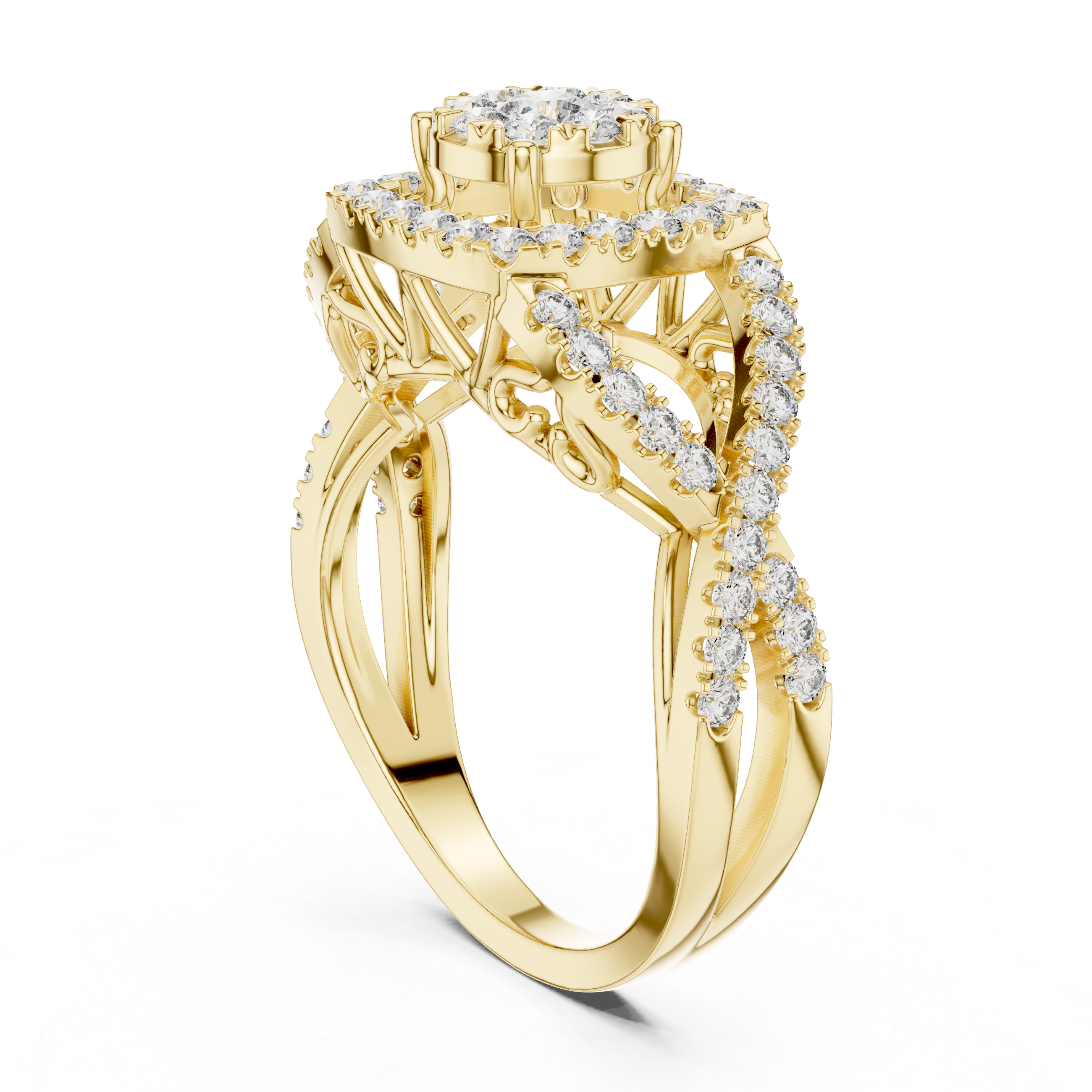 Round Cut Diamond Floral Halo Split Shank Ring