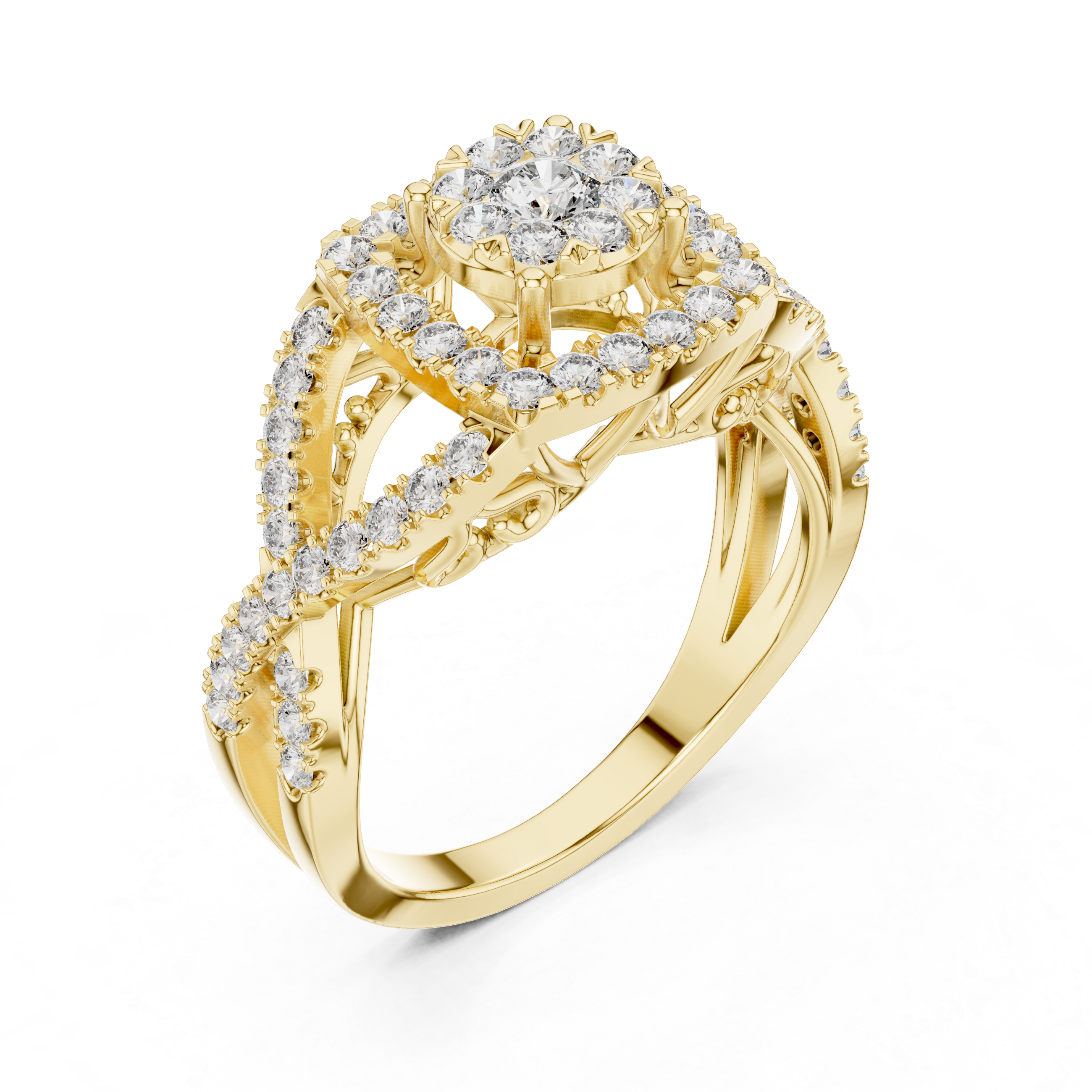 Round Cut Diamond Halo Cluster Ring with Split Shank Design