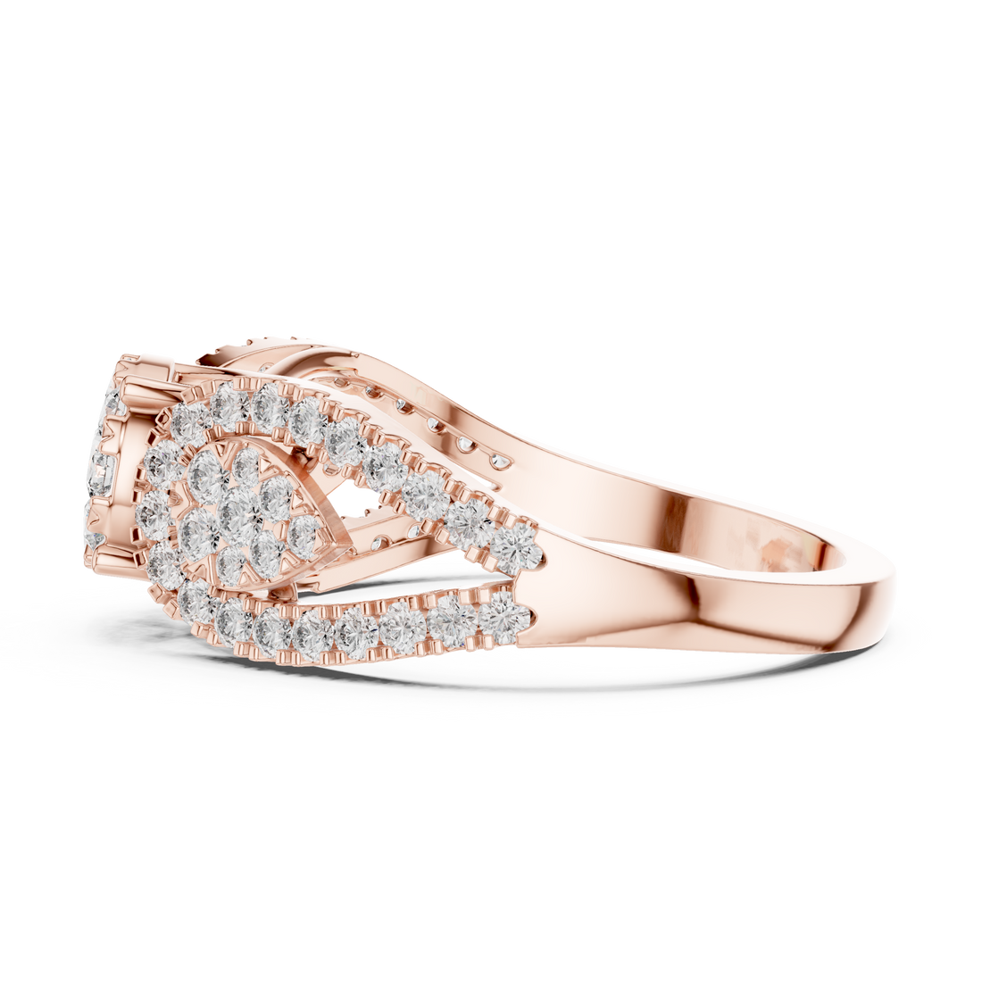 Round Cut Diamond Three Stone Halo Ring with Split Shank