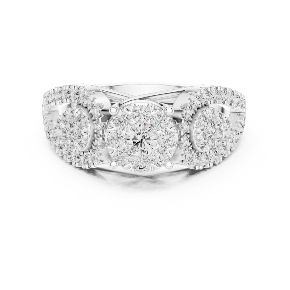 Round Cut Diamond Three Stone Halo Ring with Split Shank