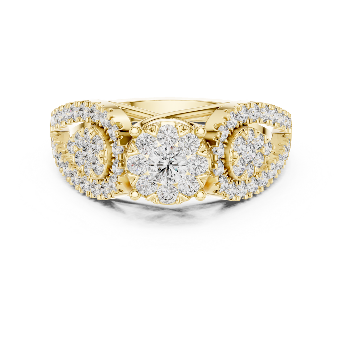 Round Cut Diamond Three Stone Halo Ring with Split Shank