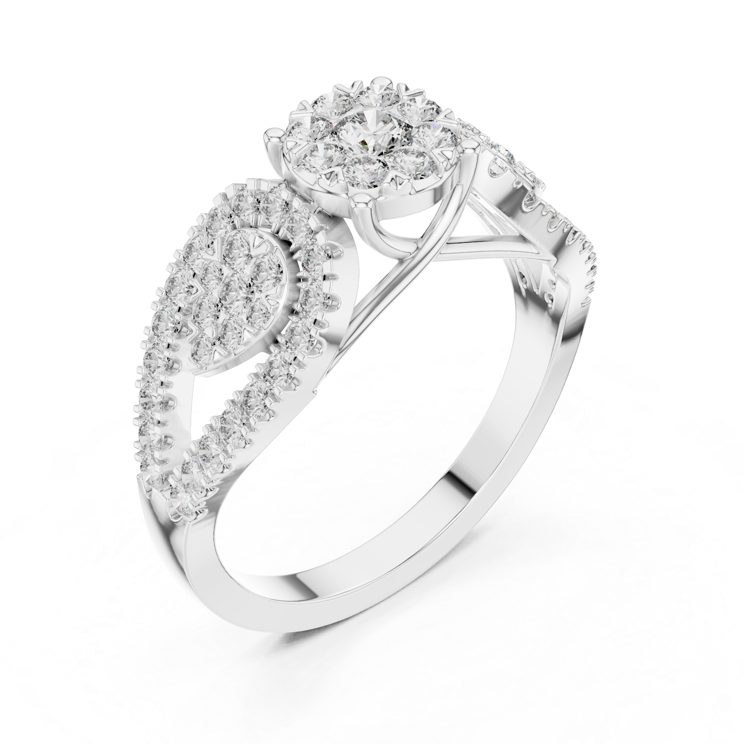 Round Cut Diamond Three Stone Halo Ring with Split Shank