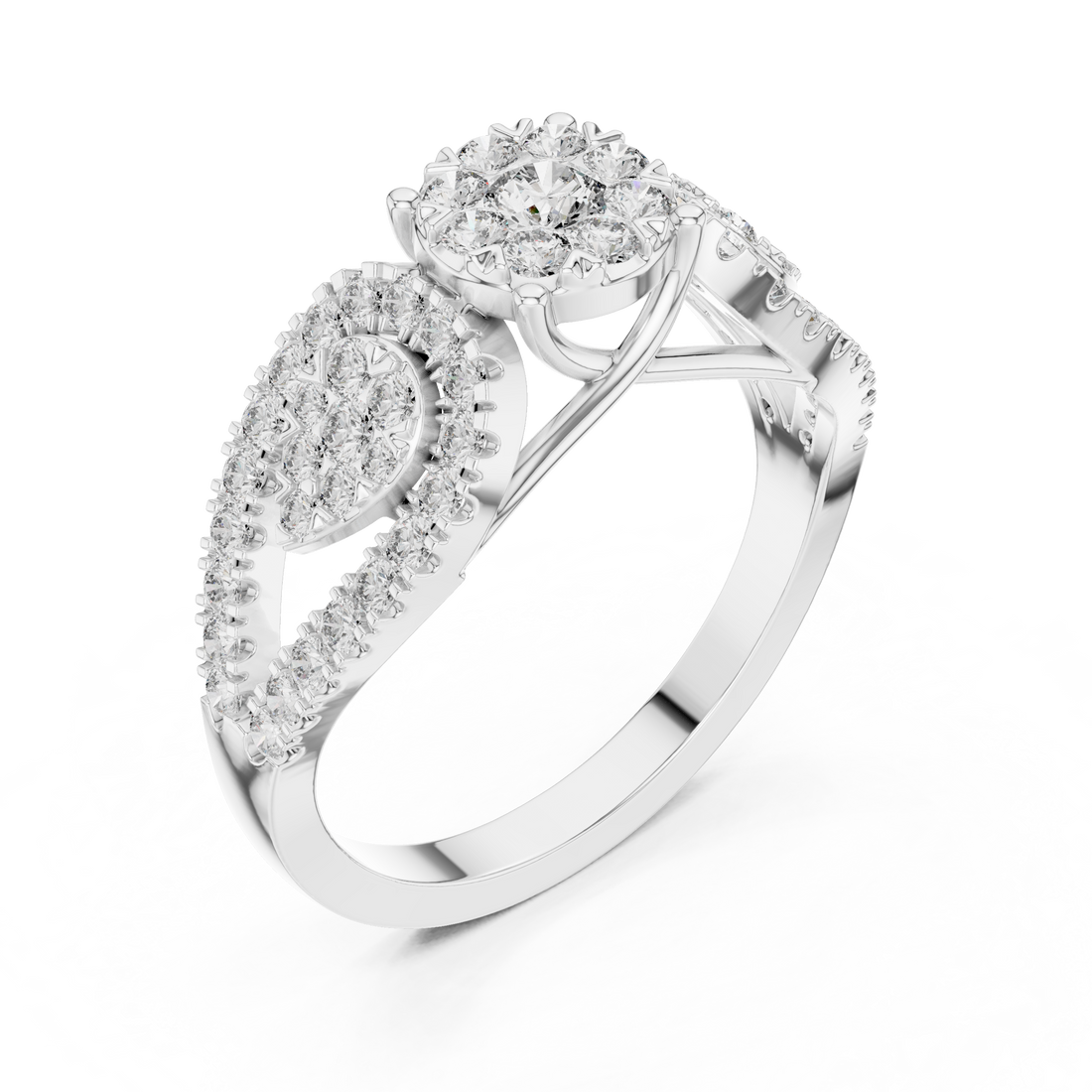 Round Cut Diamond Three Stone Halo Ring with Split Shank