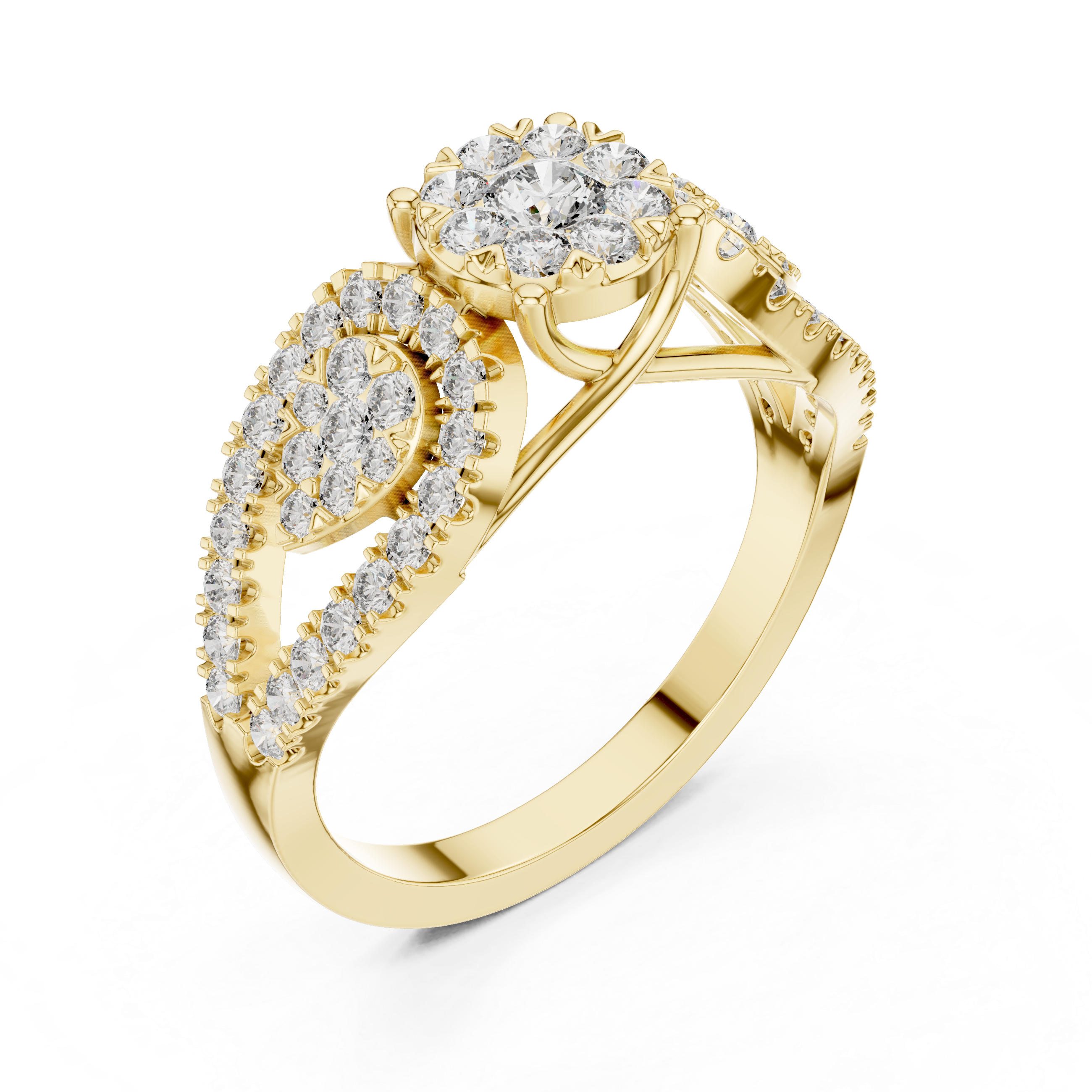 Round Cut Diamond Three Stone Halo Ring with Split Shank