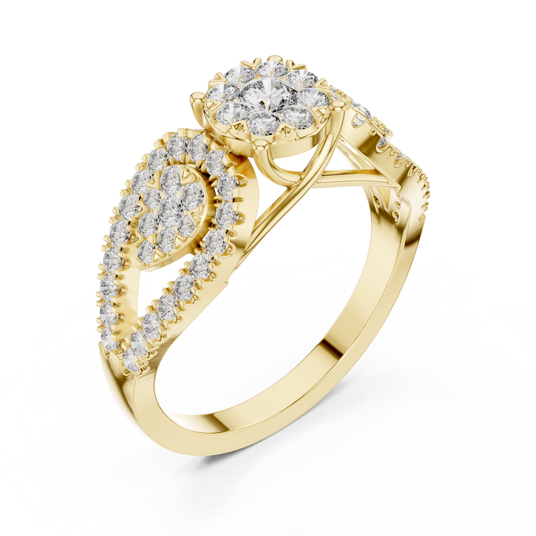 Round Cut Diamond Three Stone Halo Ring with Split Shank