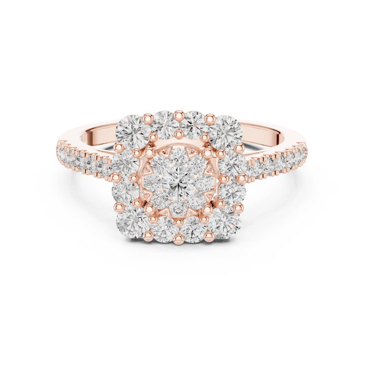 Round Cut Diamond Halo Cluster Ring with Pavé Side Stones