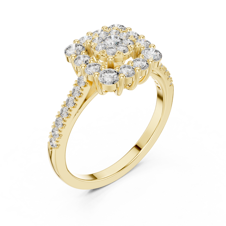 Round Cut Diamond Halo Cluster Ring with Pavé Side Stones