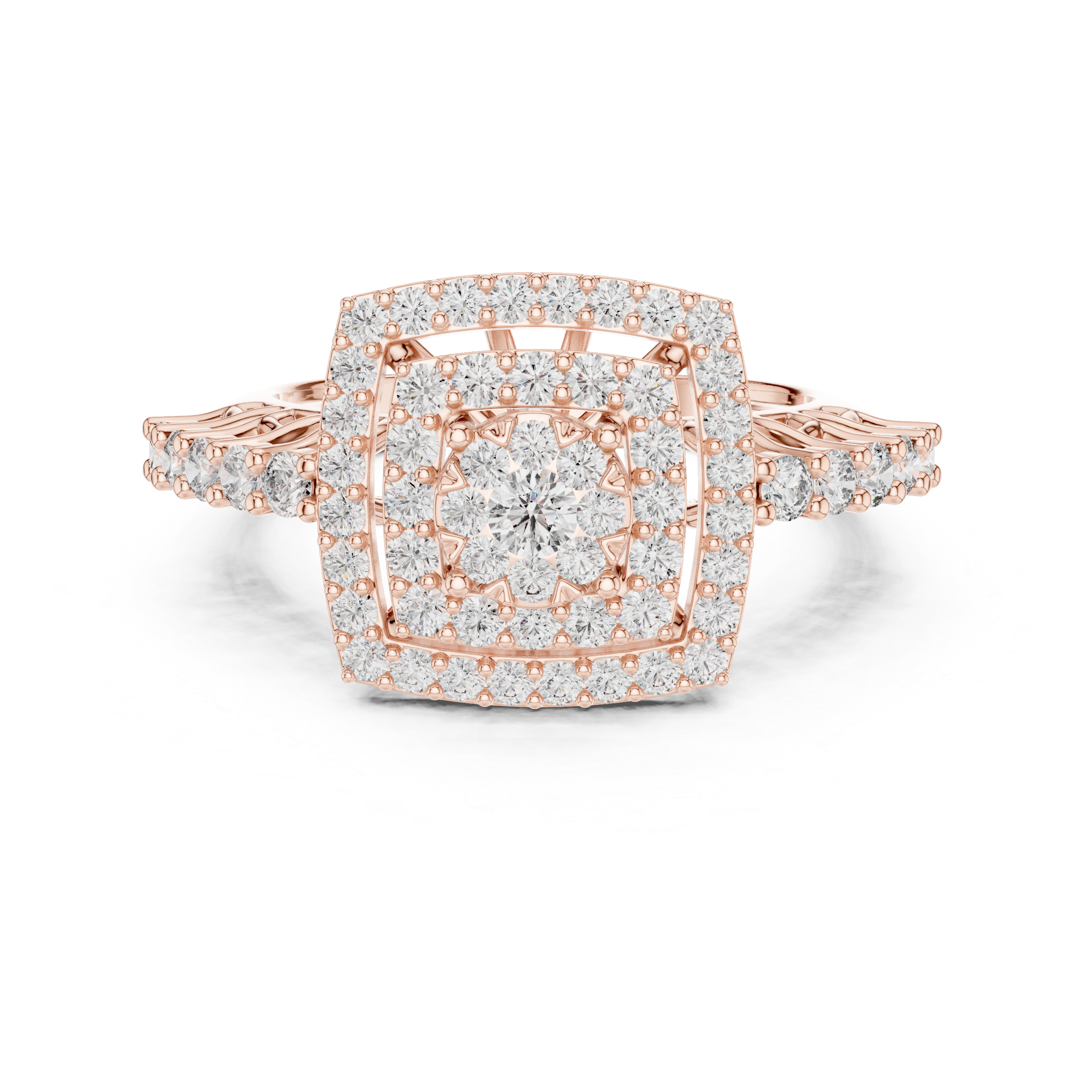 Round Cut Diamond Double Halo Cluster Ring with Split Shank