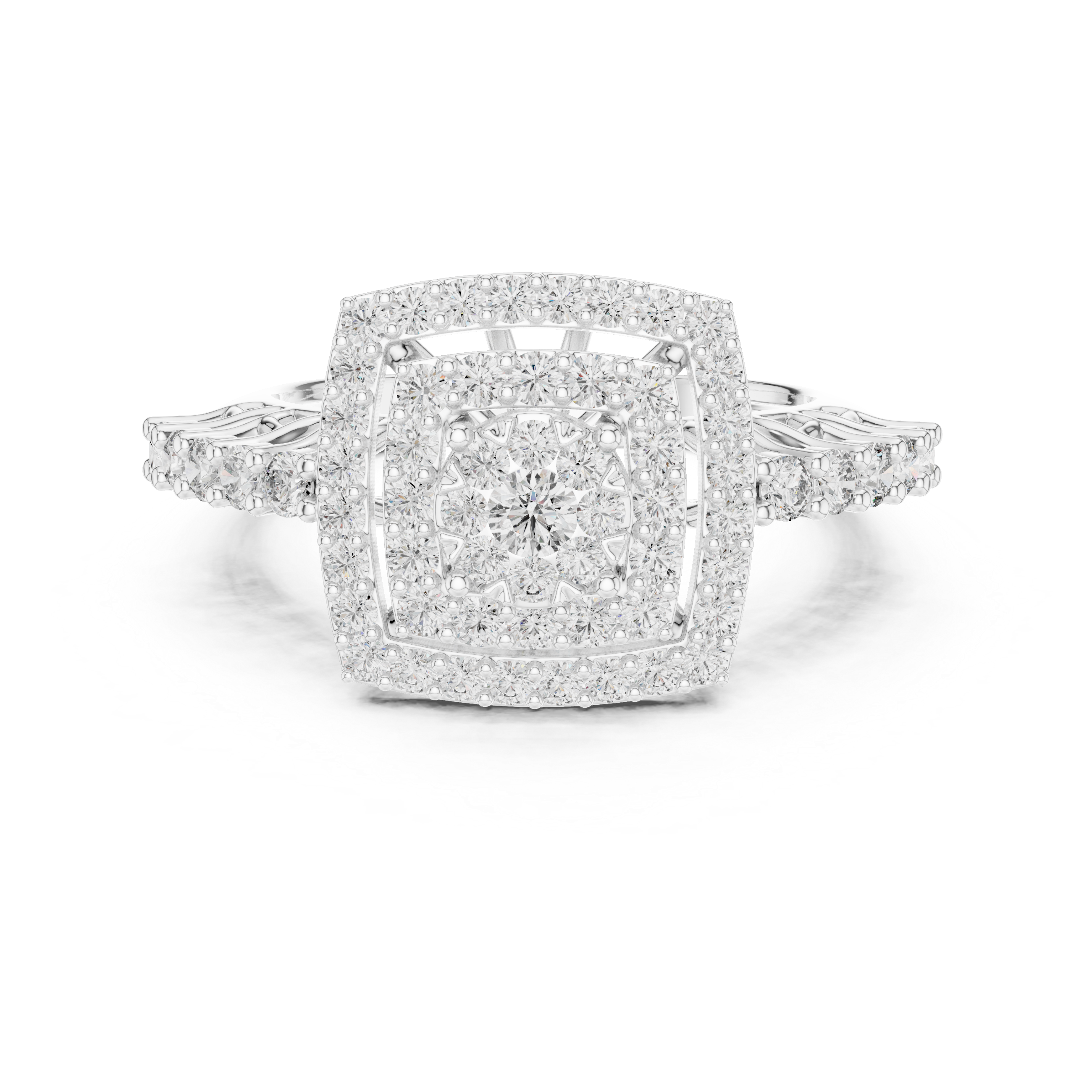 Round Cut Diamond Double Halo Cluster Ring with Split Shank