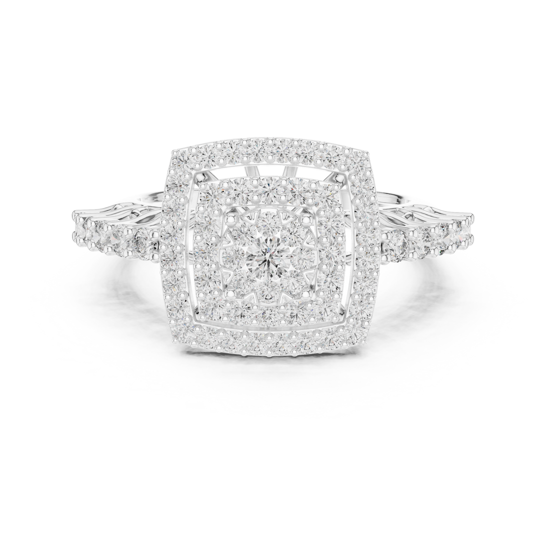 Round Cut Diamond Double Halo Cluster Ring with Split Shank