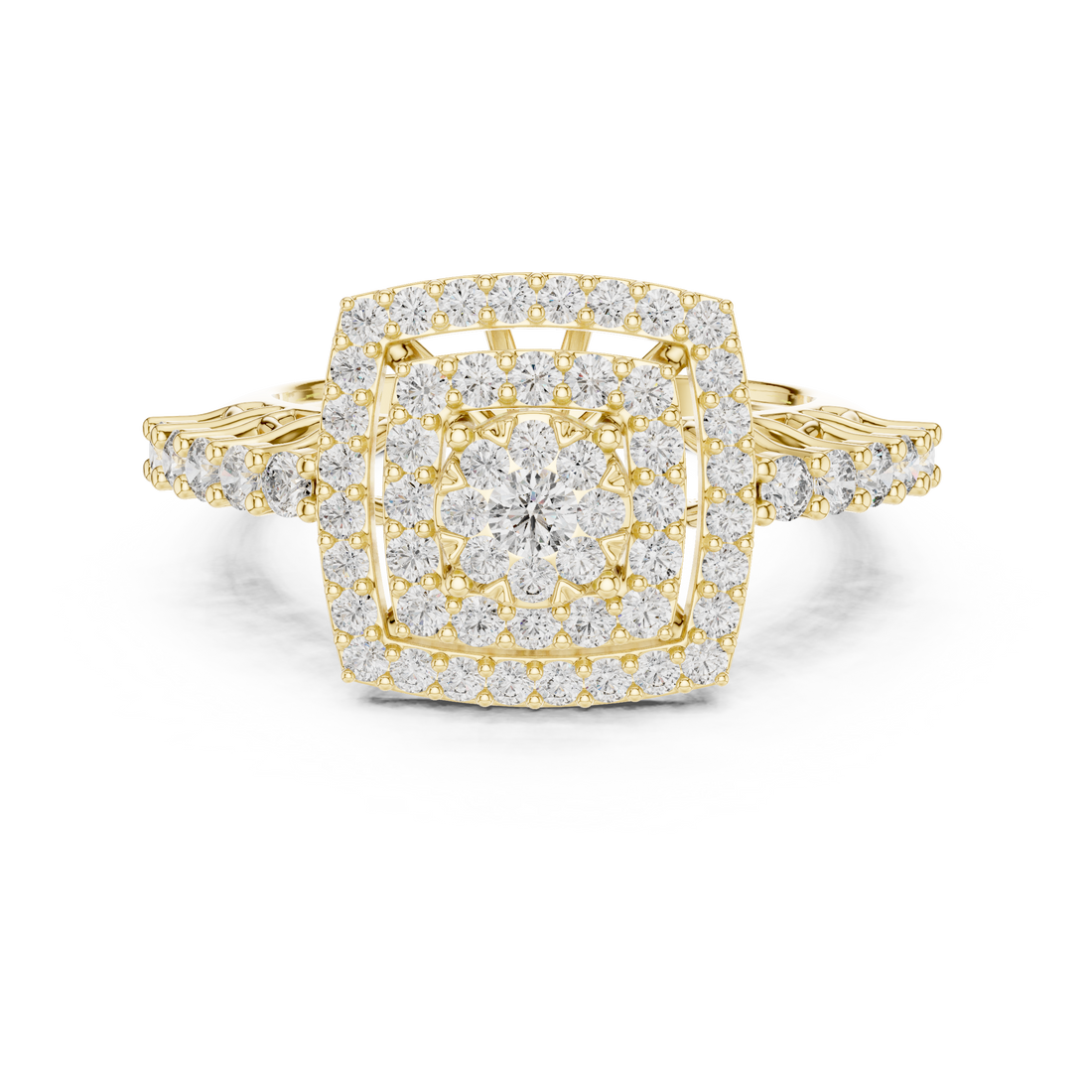 Round Cut Diamond Double Halo Cluster Ring with Split Shank