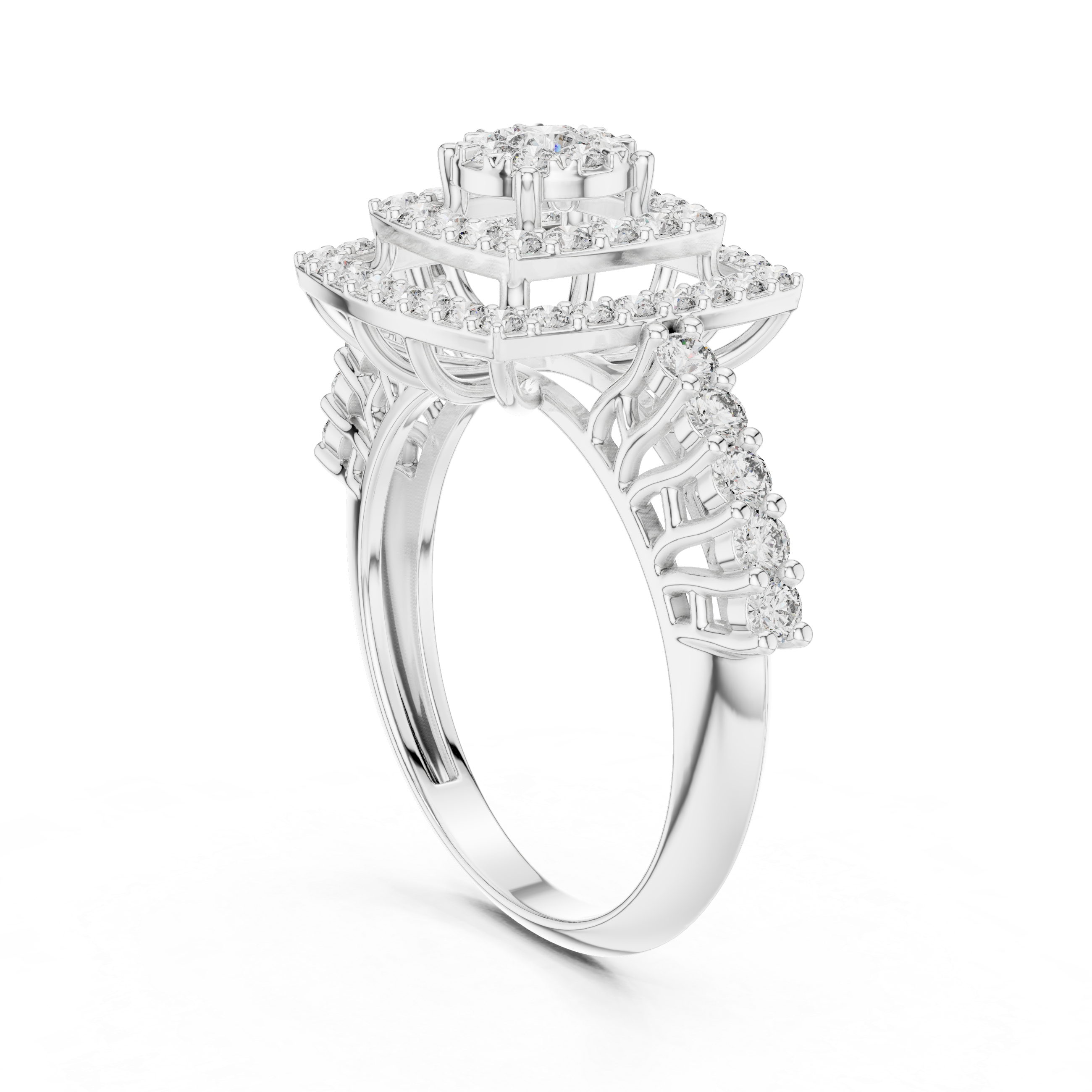Round Cut Diamond Double Halo Cluster Ring with Split Shank