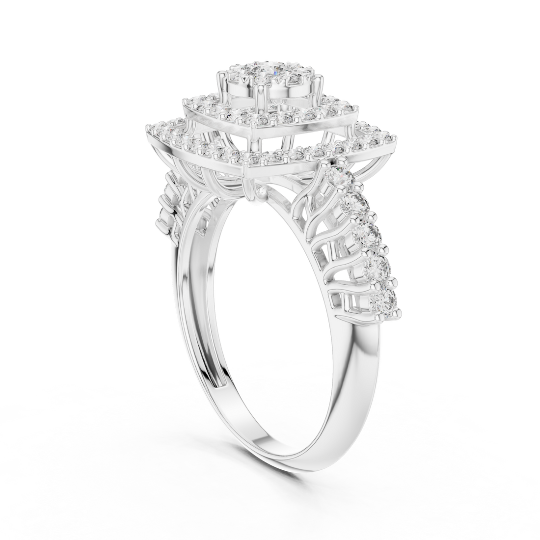 Round Cut Diamond Double Halo Cluster Ring with Split Shank