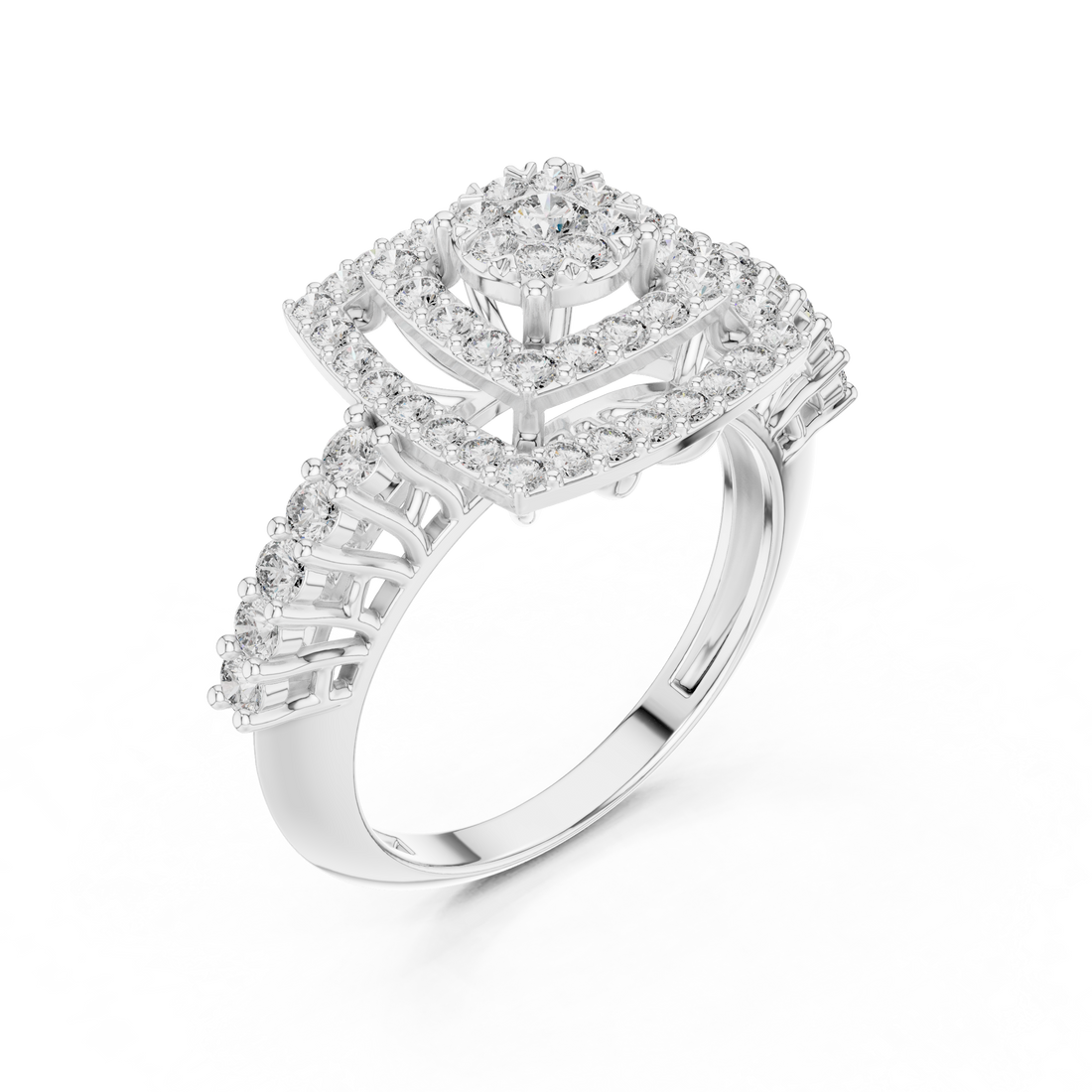 Round Cut Diamond Double Halo Cluster Ring with Split Shank