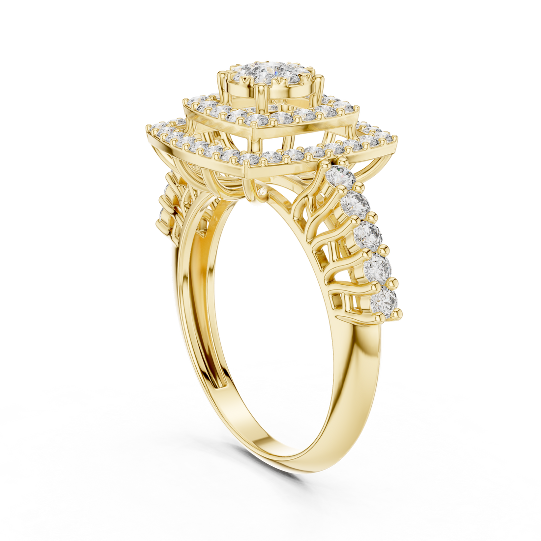 Round Cut Diamond Double Halo Cluster Ring with Split Shank