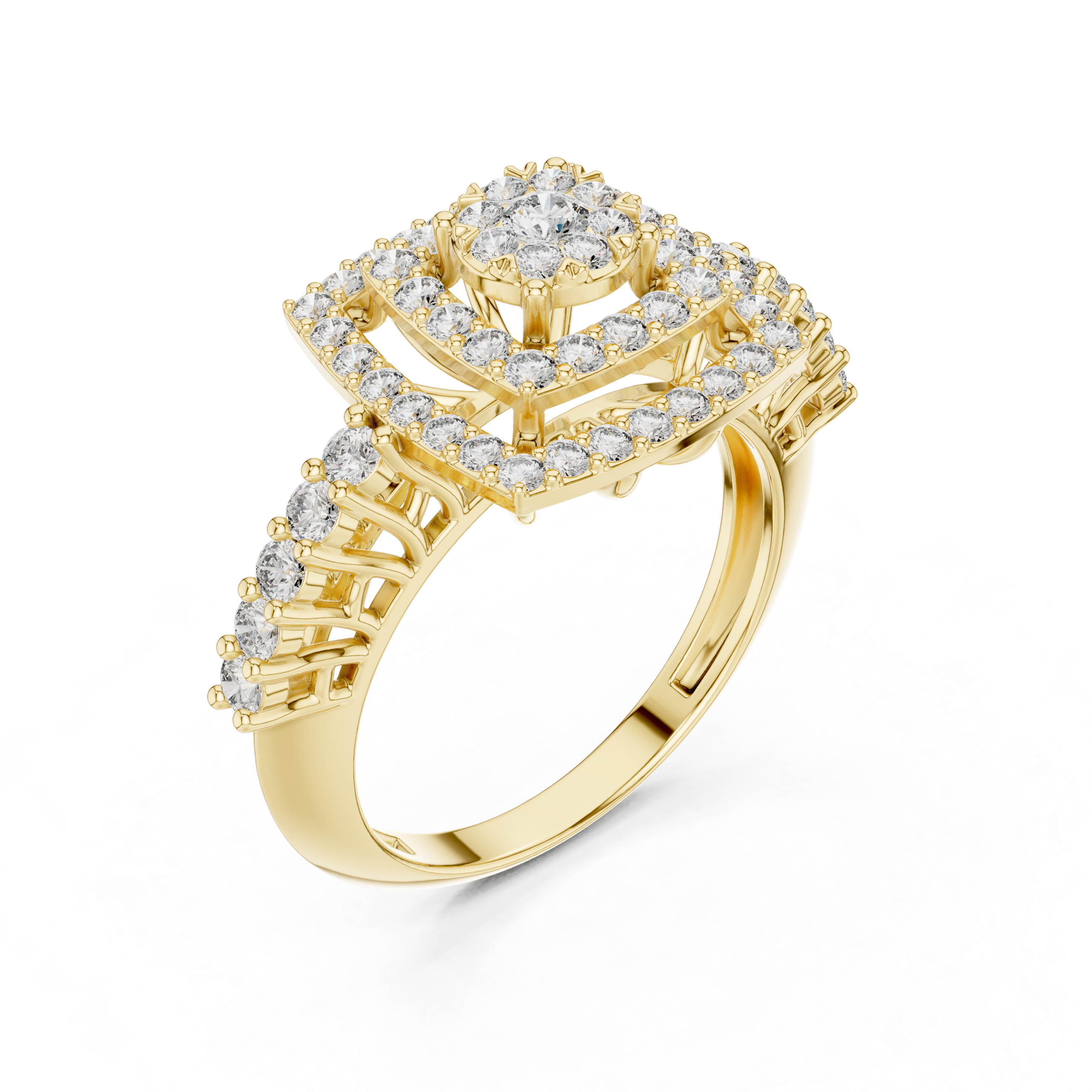 Round Cut Diamond Double Halo Cluster Ring with Split Shank