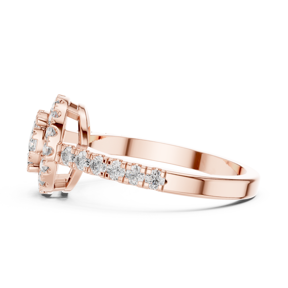 Round Cut Diamond Halo Cluster Ring with Pavé Side Stones