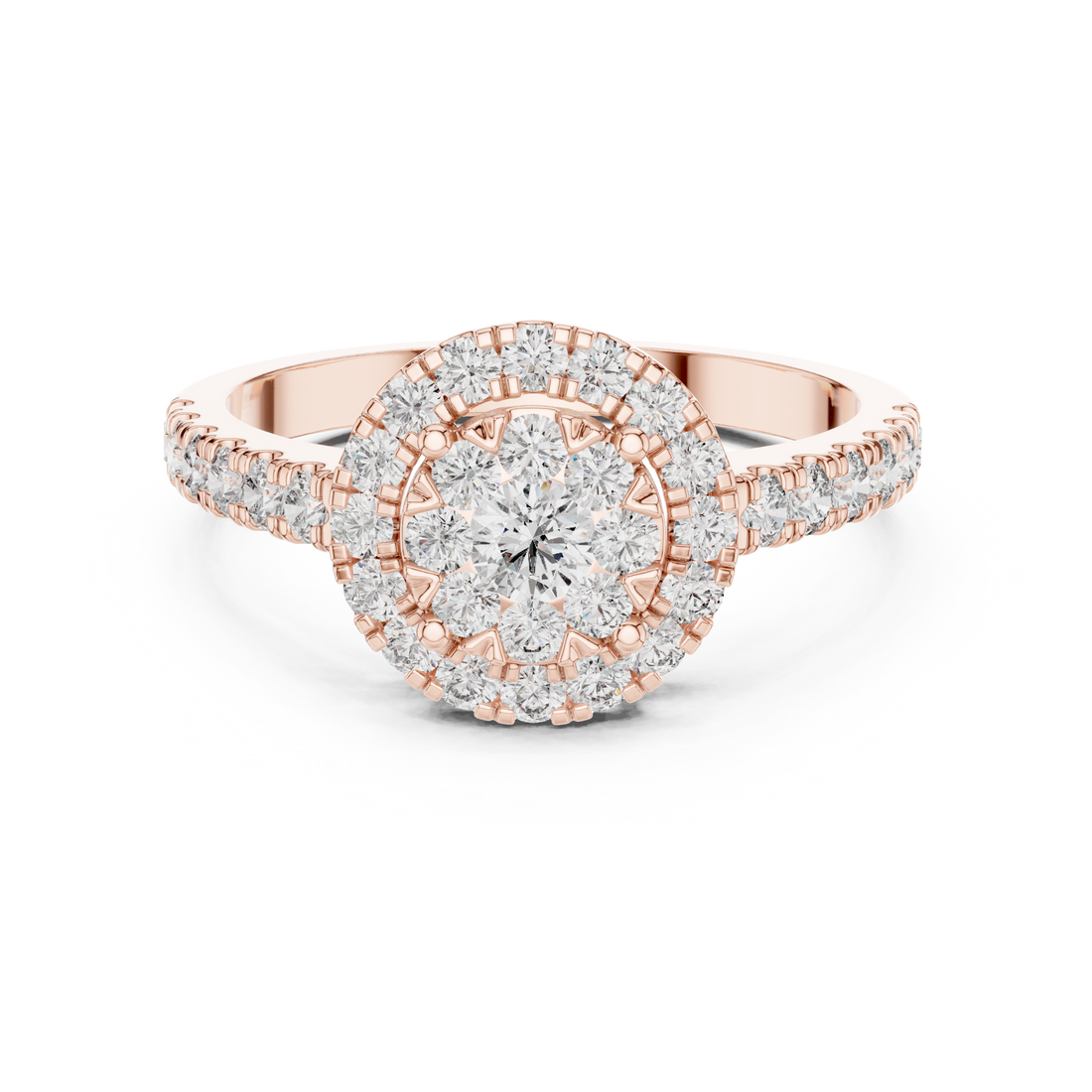 Round Cut Diamond Halo Cluster Ring with Pavé Side Stones