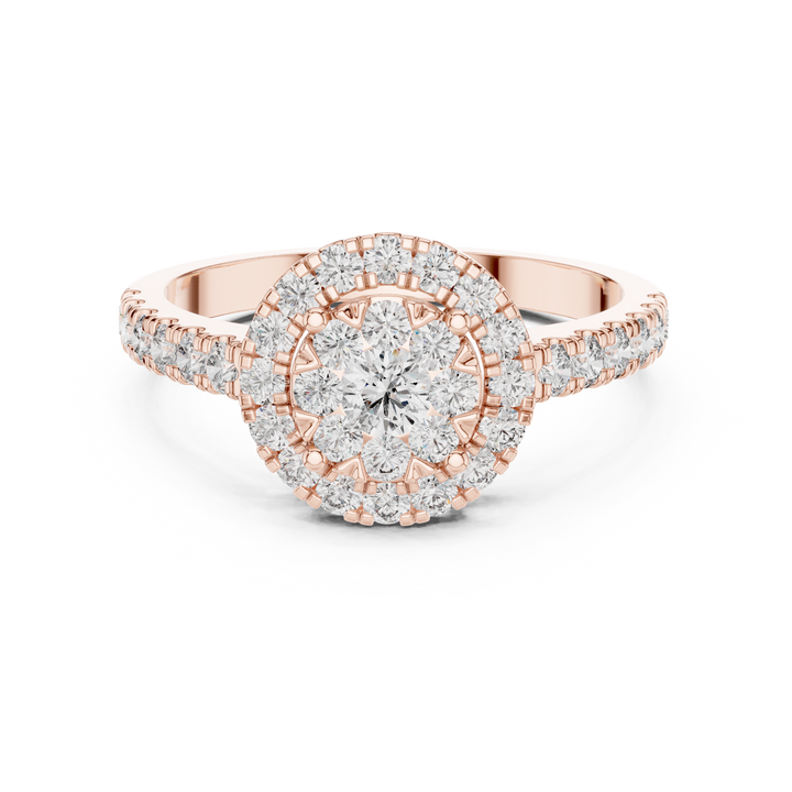 Round Cut Diamond Halo Cluster Ring with Pavé Side Stones