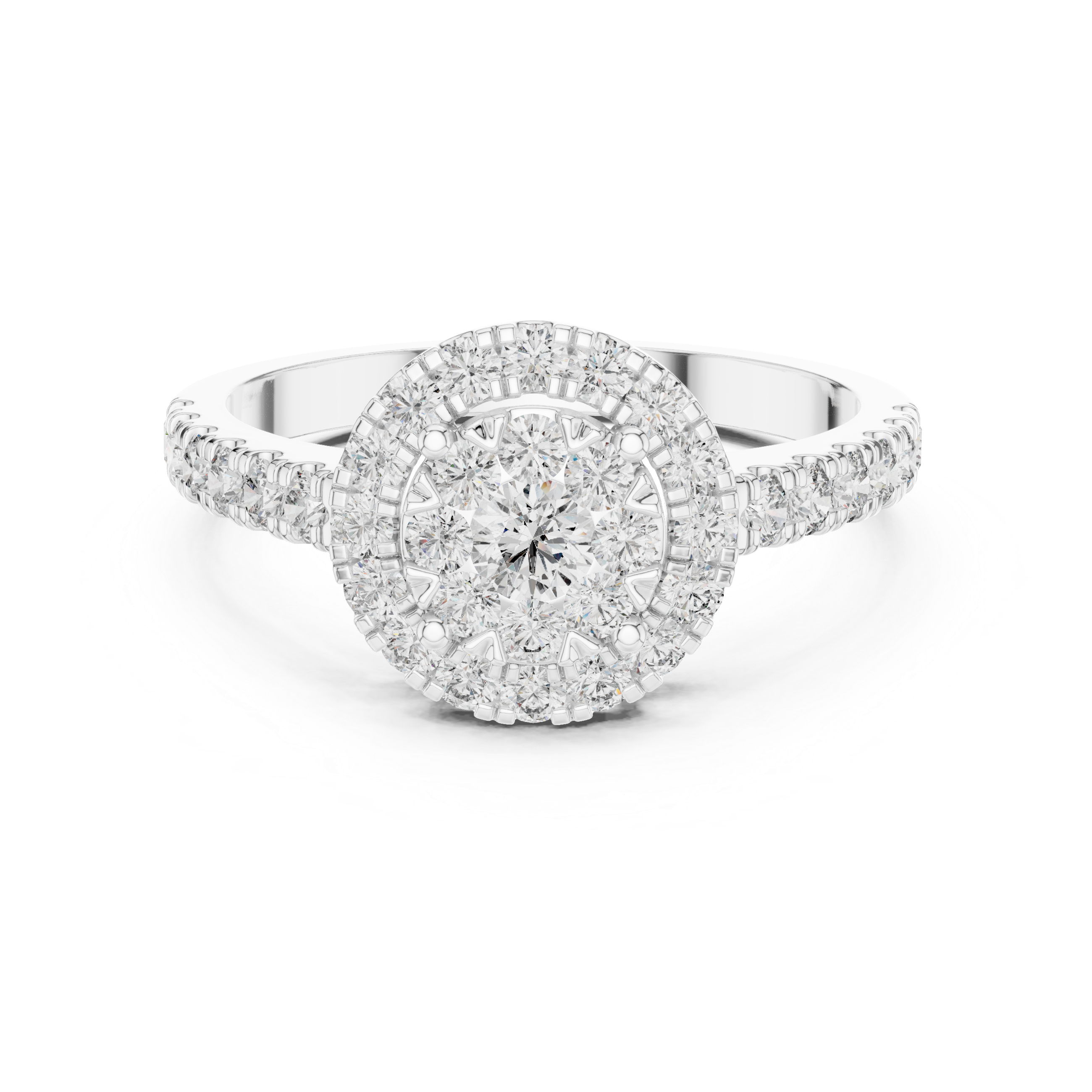 Round Cut Diamond Halo Cluster Ring with Pavé Side Stones
