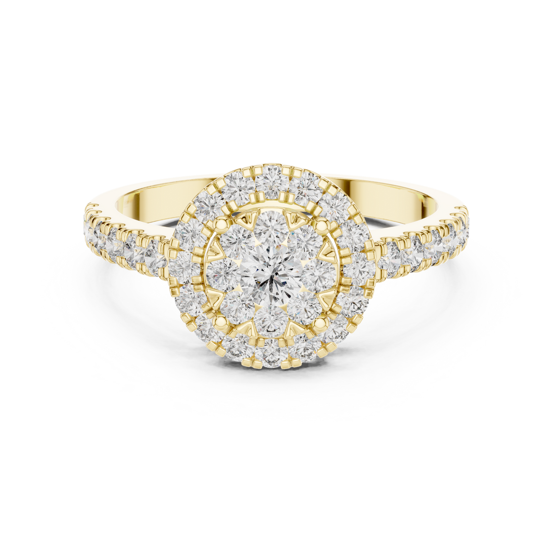 Round Cut Diamond Halo Cluster Ring with Pavé Side Stones