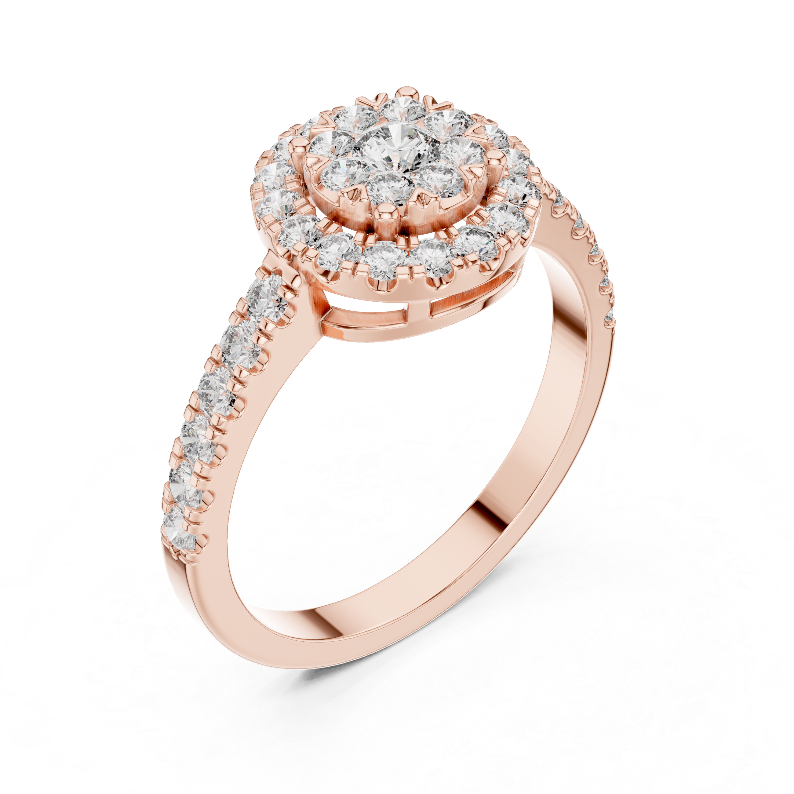 Round Cut Diamond Halo Cluster Ring with Pavé Side Stones