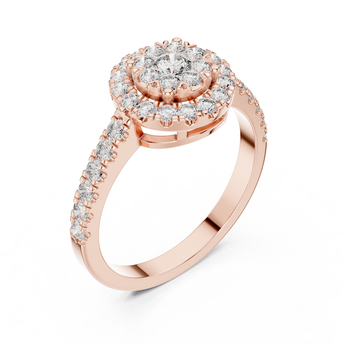 Round Cut Diamond Halo Cluster Ring with Pavé Side Stones