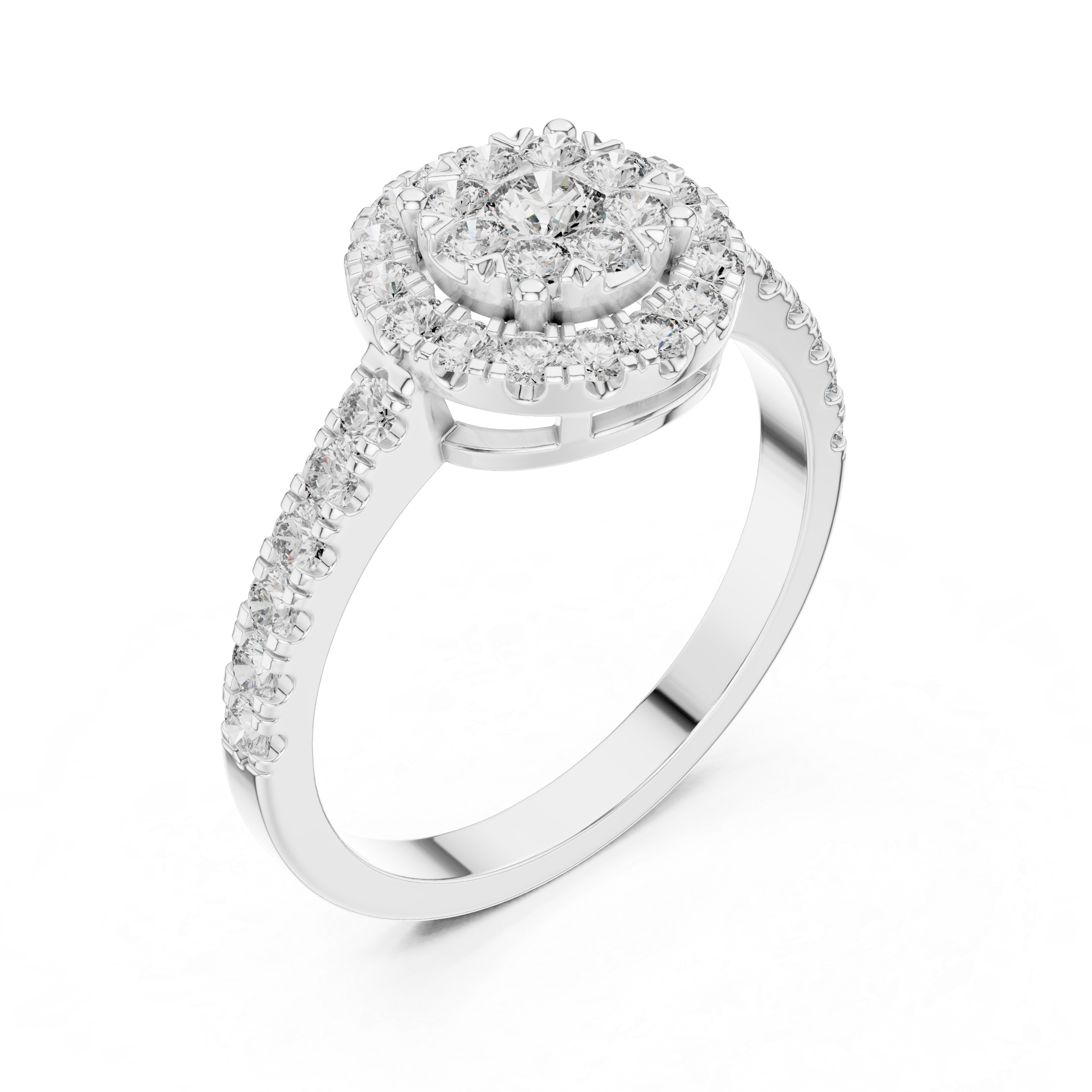 Round Cut Diamond Halo Cluster Ring with Pavé Side Stones
