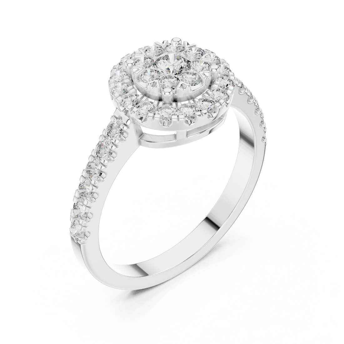 Round Cut Diamond Halo Cluster Ring with Pavé Side Stones
