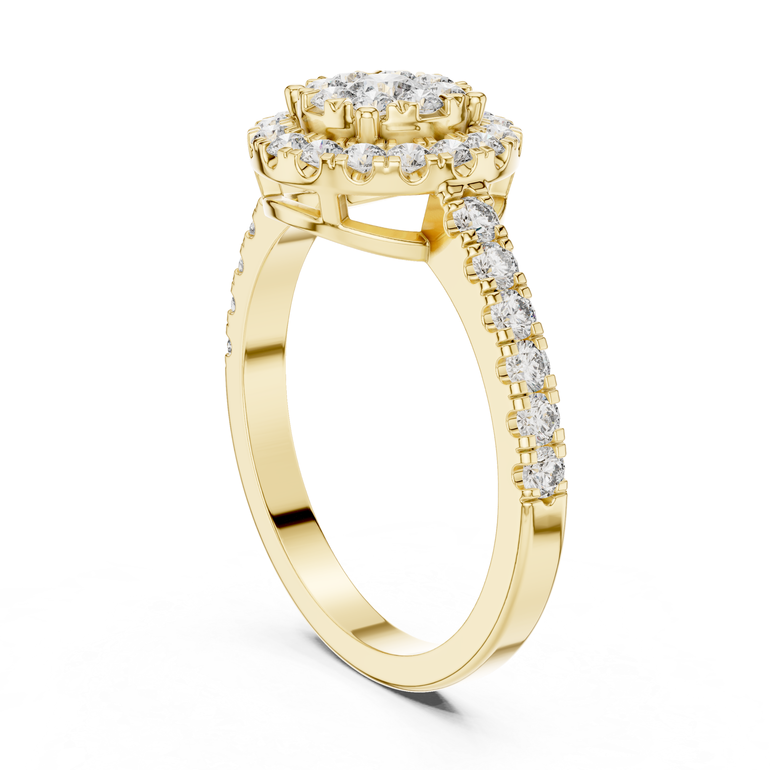 Round Cut Diamond Halo Cluster Ring with Pavé Side Stones