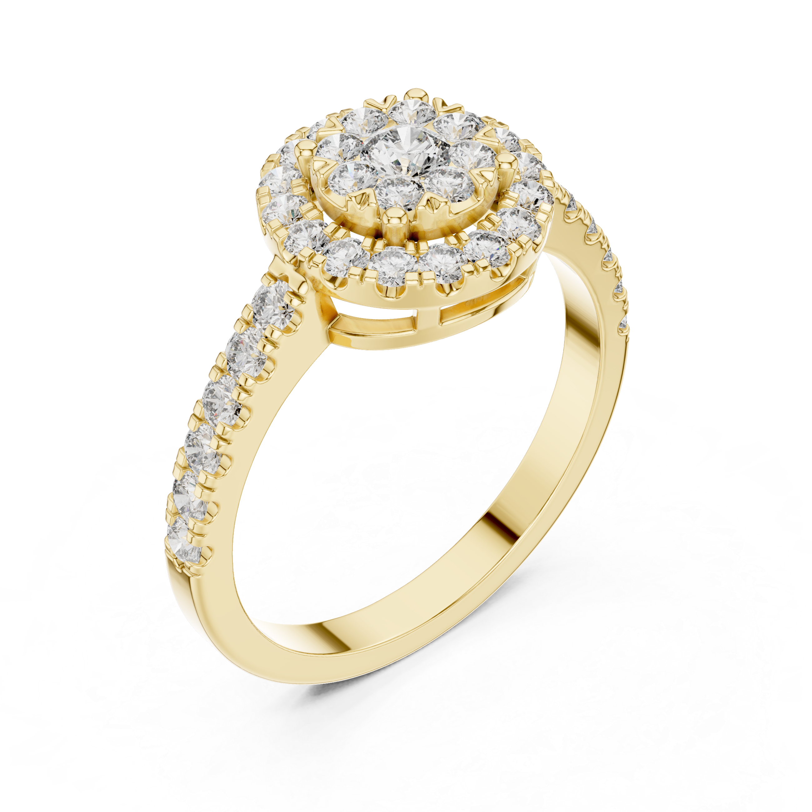 Round Cut Diamond Halo Cluster Ring with Pavé Side Stones