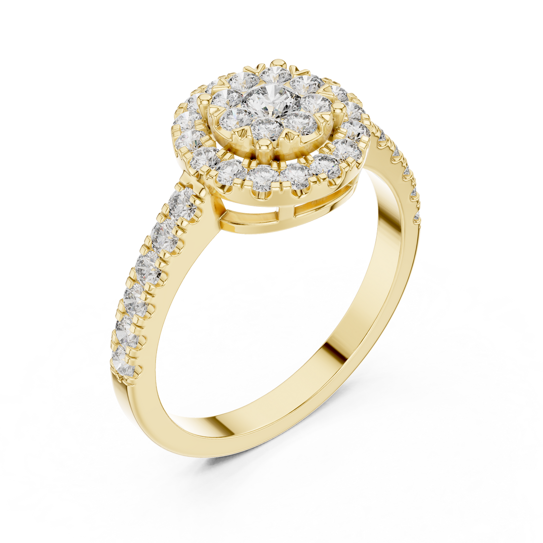 Round Cut Diamond Halo Cluster Ring with Pavé Side Stones