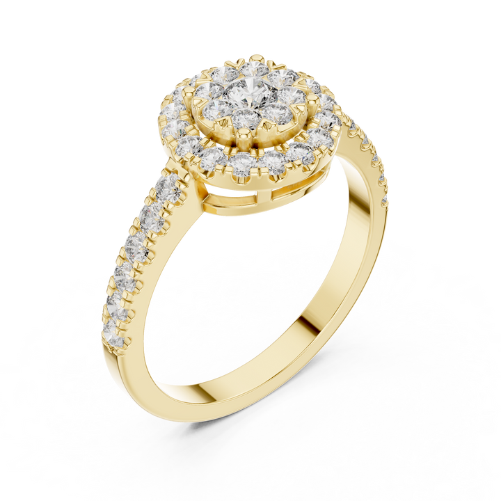 Round Cut Diamond Halo Cluster Ring with Pavé Side Stones