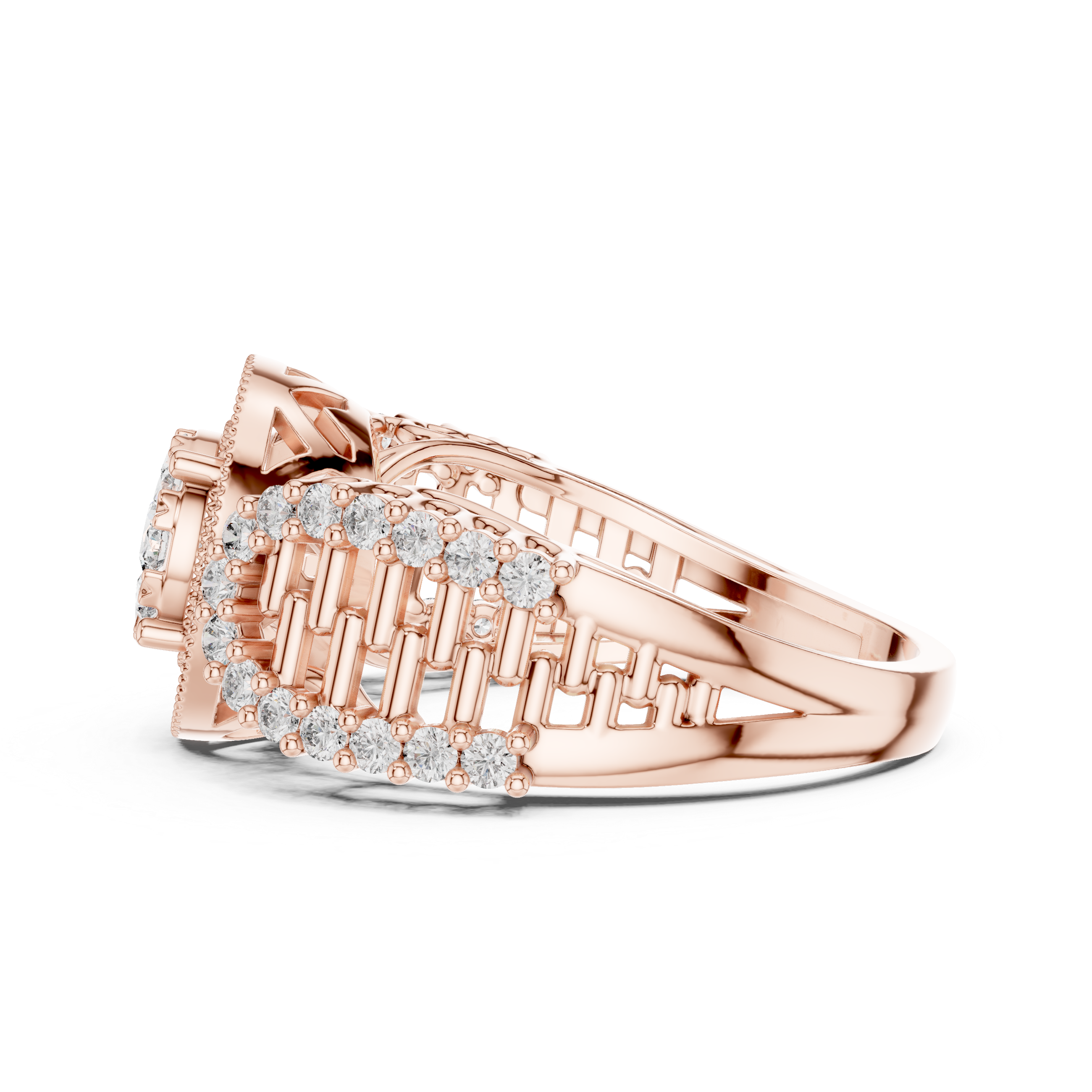 Round Cut Diamond Double Halo Cluster Ring with Split Shank