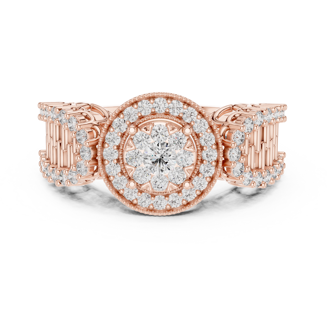 Round Cut Diamond Double Halo Cluster Ring with Split Shank