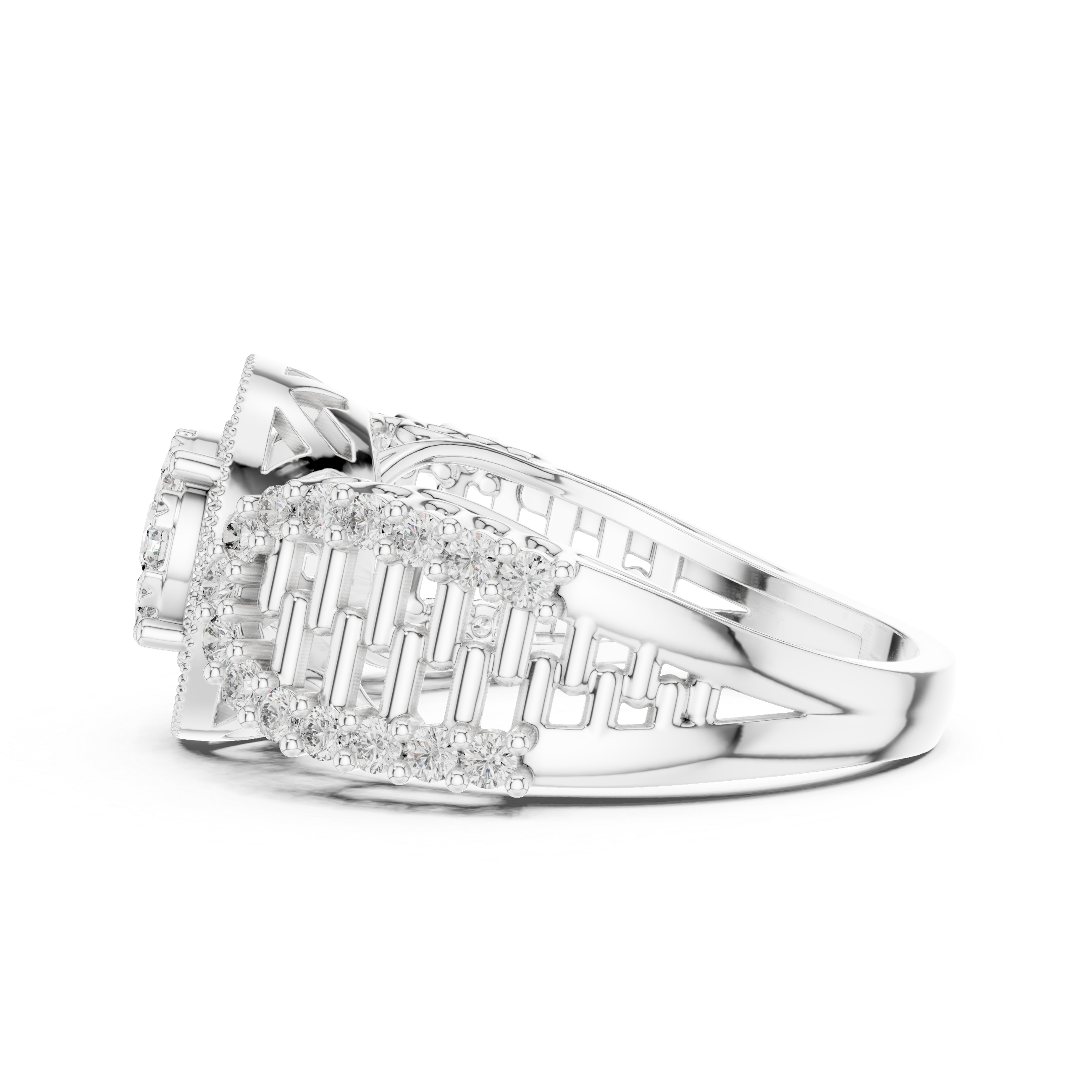 Round Cut Diamond Double Halo Cluster Ring with Split Shank