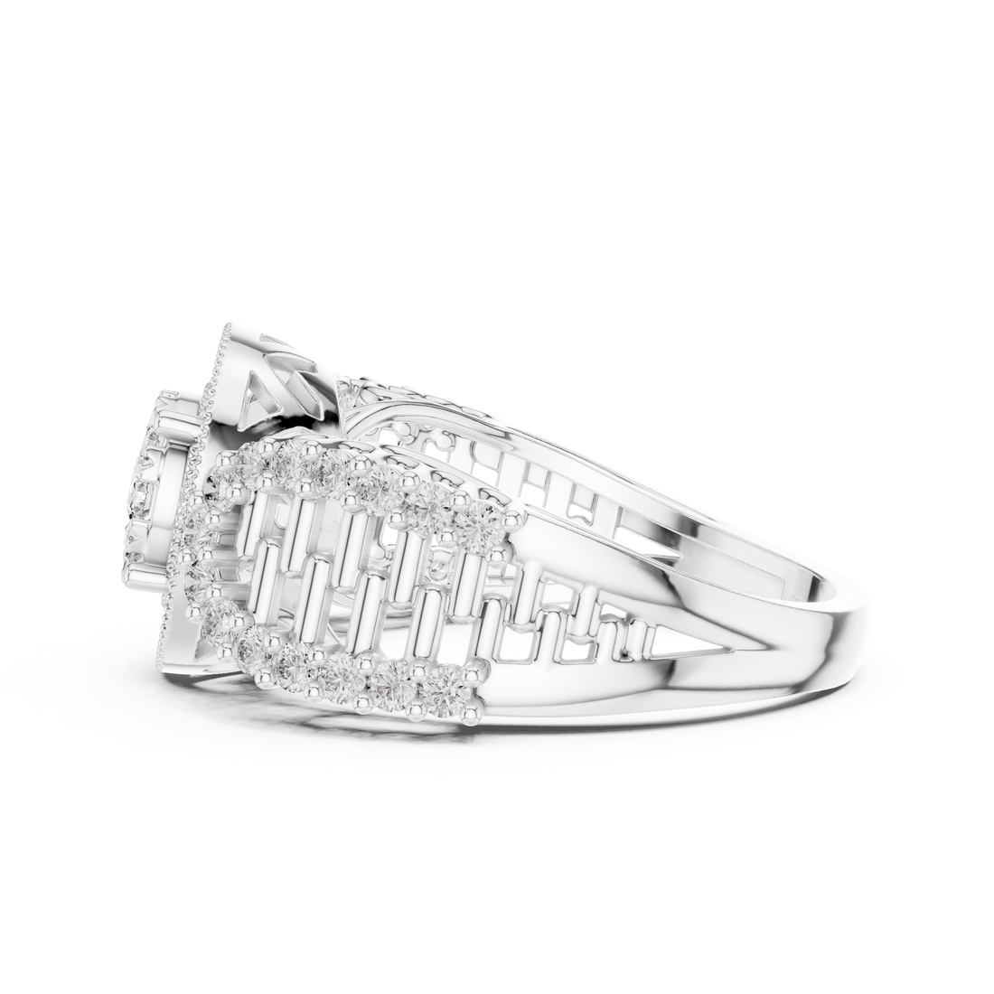 Round Cut Diamond Double Halo Cluster Ring with Split Shank