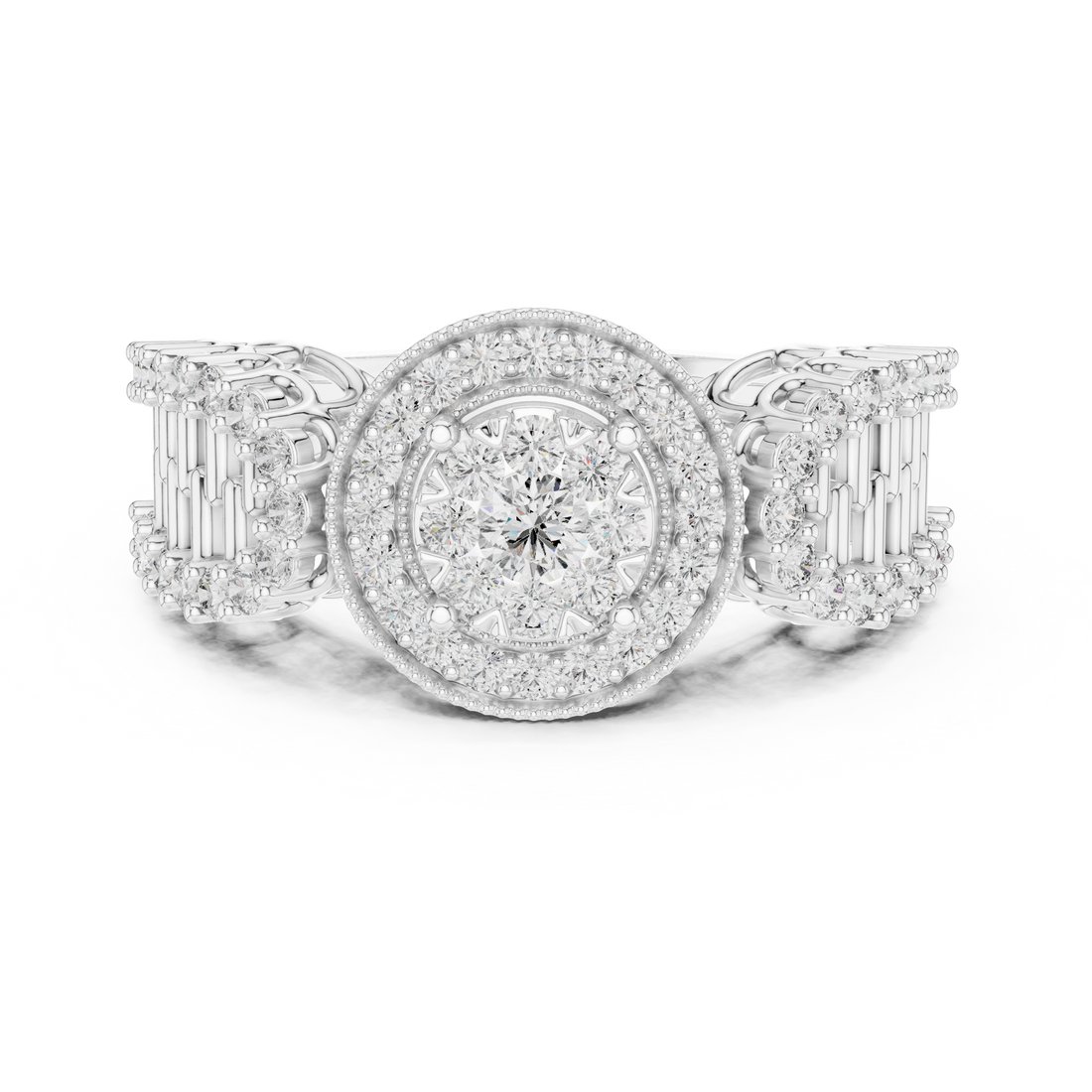 Round Cut Diamond Double Halo Cluster Ring with Split Shank